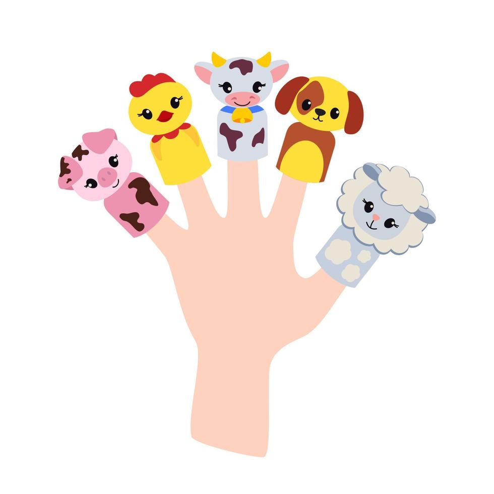 Finger puppets farm animals for paper cut kids activities. Home theater with handmade cartoon toys. Children craft education vector page. Children's palm. Vector illustration.