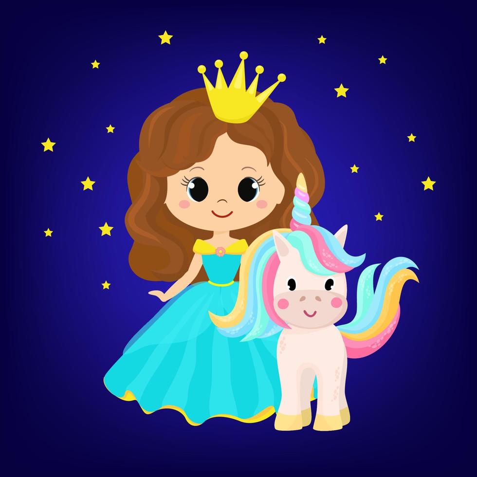 ilustración vectorial de una linda caricatura de princesa de cuento de hadas y cielo estrellado de unicornio vector