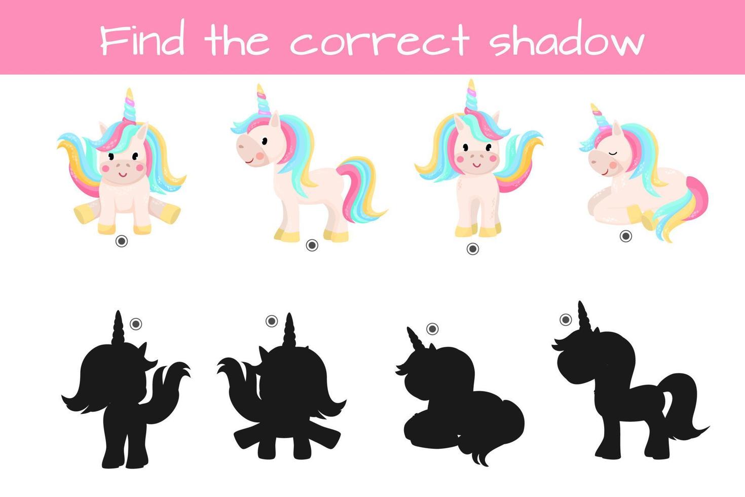 encontrar la sombra correcta. juego de lógica educativa para niños. lindos unicornios divertidos. ilustración vectorial aislado sobre fondo blanco. vector