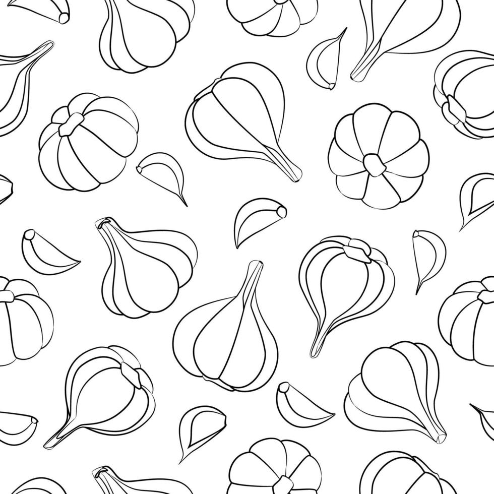 Garlic bulb and garlic clove seamless pattern in linear style. Vector illustration. Healthy food background.