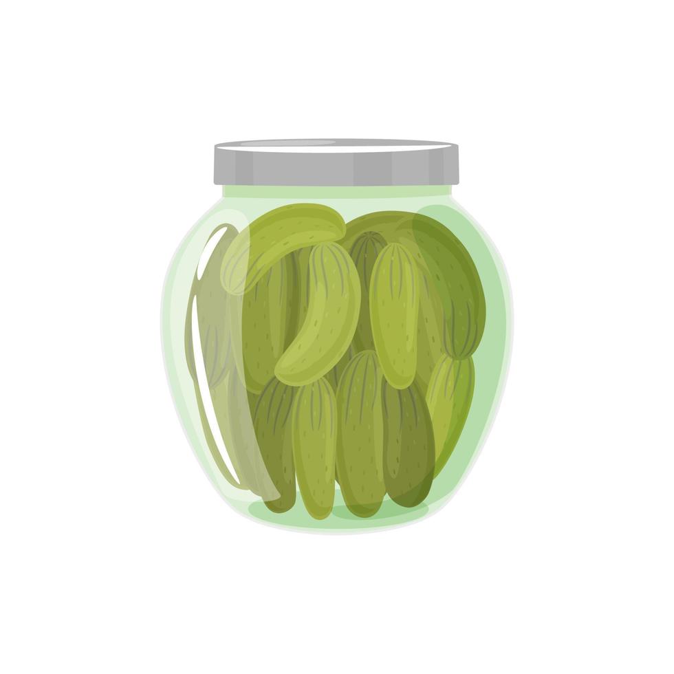 Pickled Cucumbers with spices in a jar. Homemade preserves of Cucumbers. Preparing and Preserving Food. Canned natural healthy products vector illustration.