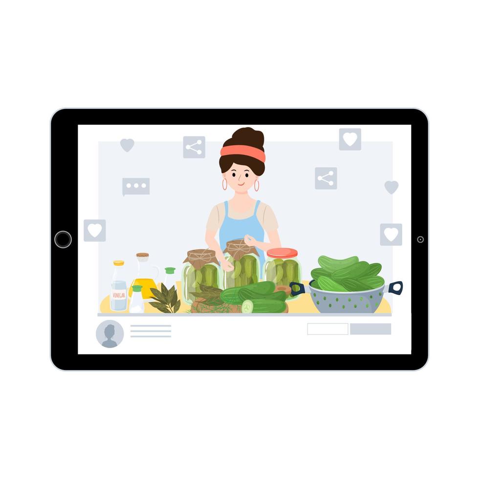 concepto de blogs de comida. el personaje de una bloguera prepara champiñones champiñones. Ilustración de vector de productos saludables naturales enlatados.