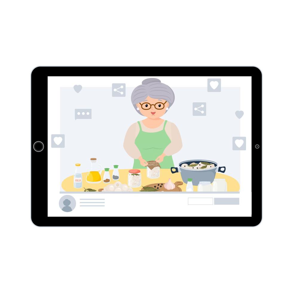 Food Blogging Concept. Elderly Woman Blogger Character Prepare Champignon Mushrooms. Canned Natural Healthy Products Vector Illustration.
