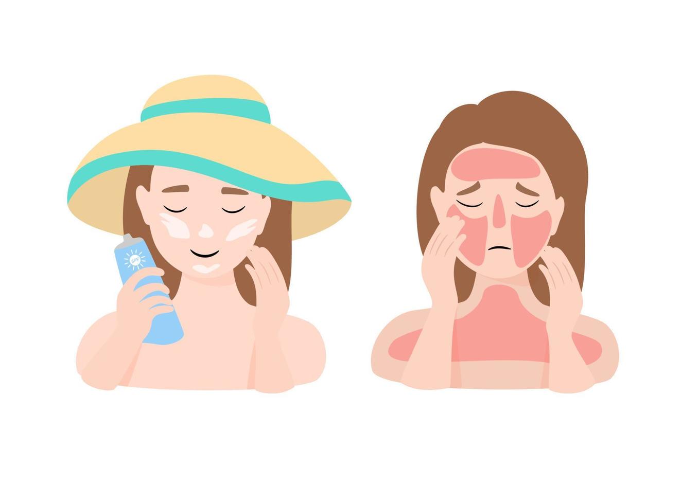 Woman with sunburn problem and woman in hat smears sunscreen on her skin. The concept of beauty and health. Vector illustration isolated on white background.