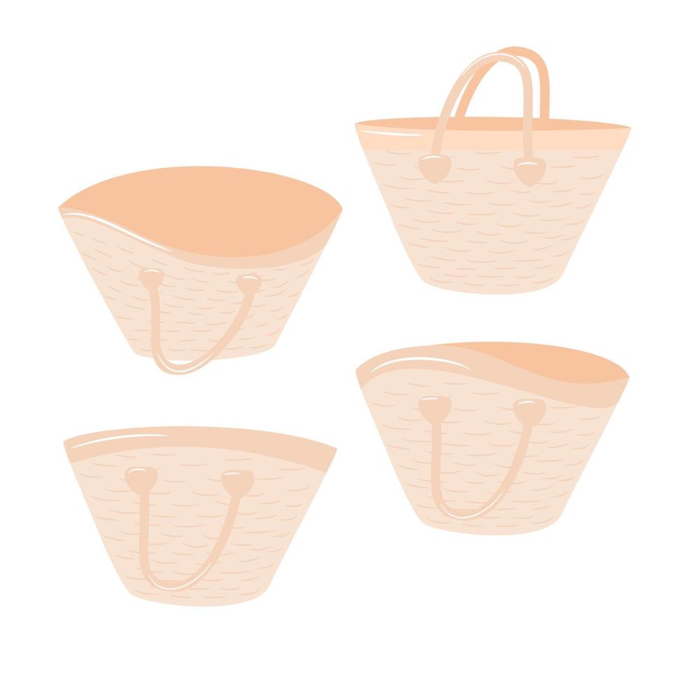 establecer bolsa de playa de verano, bolso de mano, maqueta de bolsa de compras. ilustración vectorial aislado sobre fondo blanco. vector