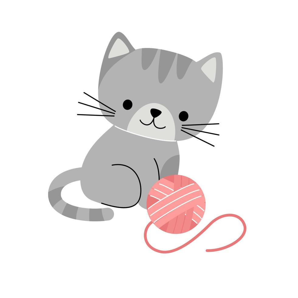 Vector illustration of cute happy cat on a white background in cartoon style. Favorite pet ball of thread.