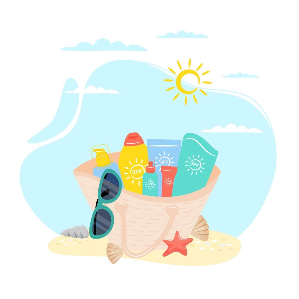 Female bag with beach accessories sun cream, sunglasses. Set of summer design elements. Sunburn concept. Vector illustration.