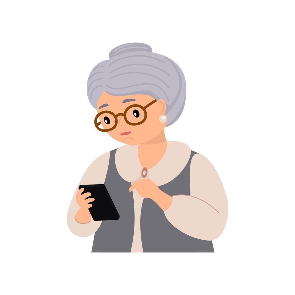 Vector character illustration of elderly woman talking on smartphone. Icon Grandmother using mobile phone. Family, mobile internet, social media, modern communication technology concept.