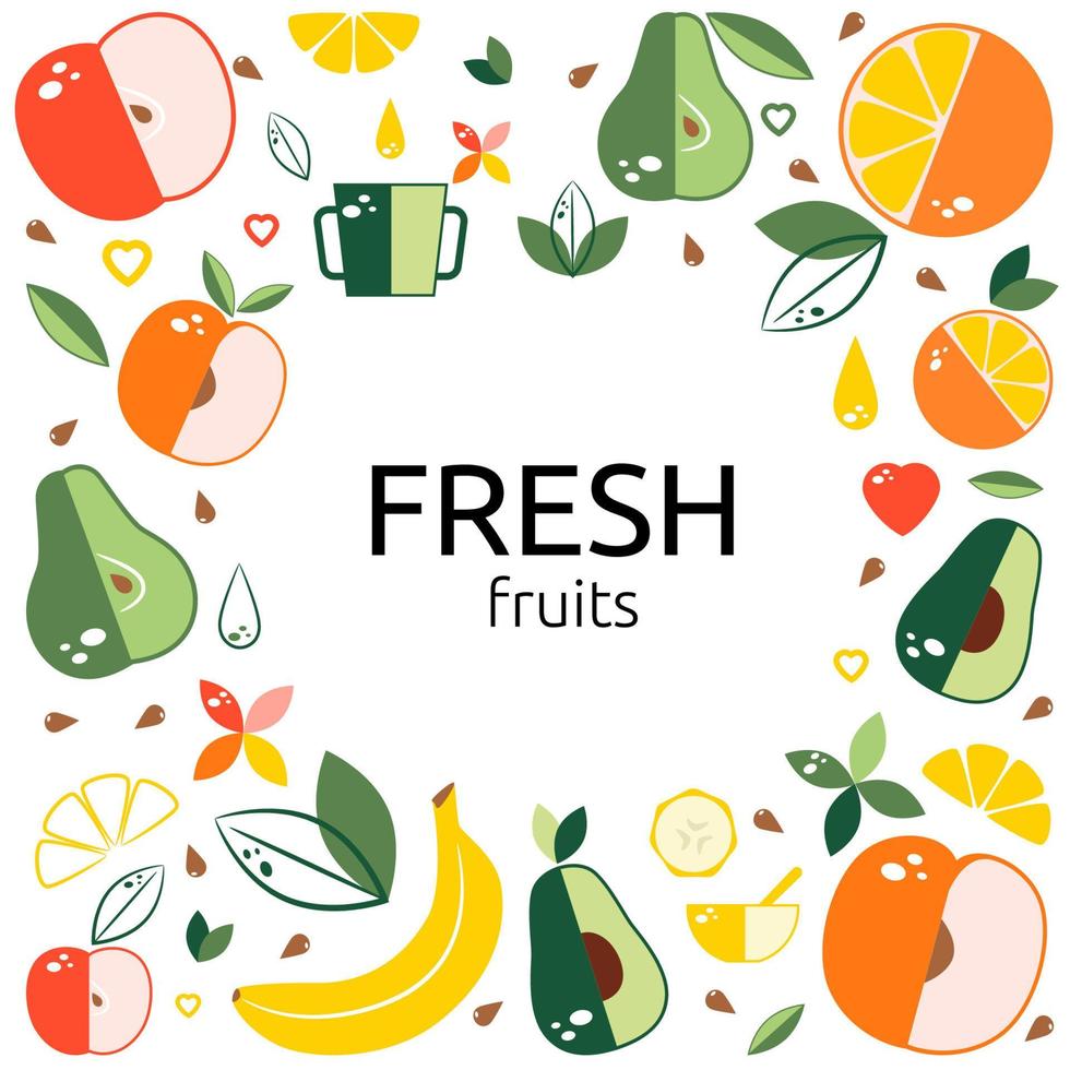frutas frescas. plantilla de diseño cuadrado de marco. ilustración vectorial vector