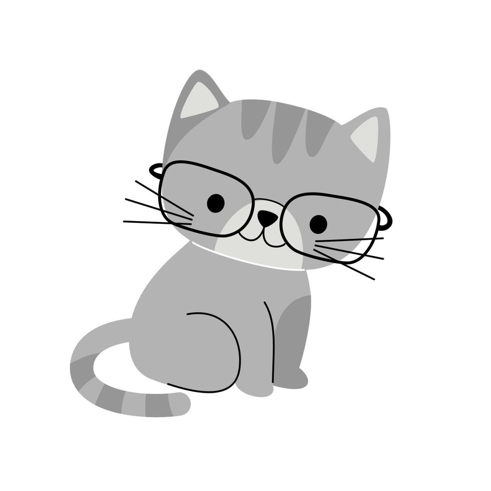 ilustración vectorial del personaje de gato lindo feliz en gafas. diseño de estilo de arte de línea plana de gato animal científico para web, tarjeta de felicitación, pancarta. vector