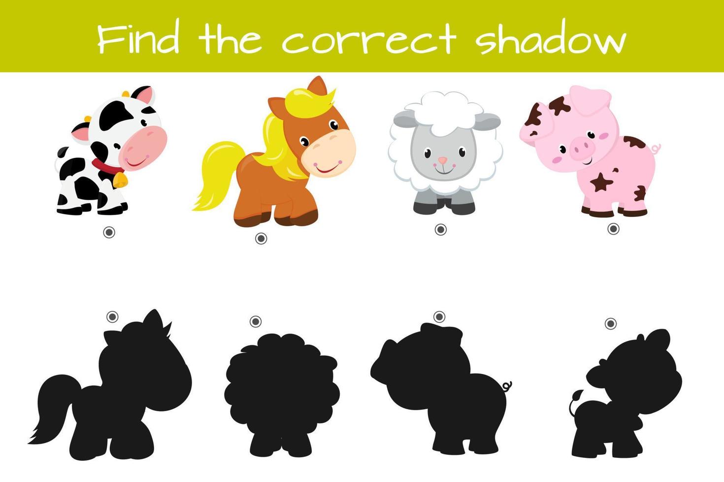 Find correct shadow. Kids educational logic game. Cute funny farm animals. Calf, horse, pig, sheep. Vector illustration isolated on white background.
