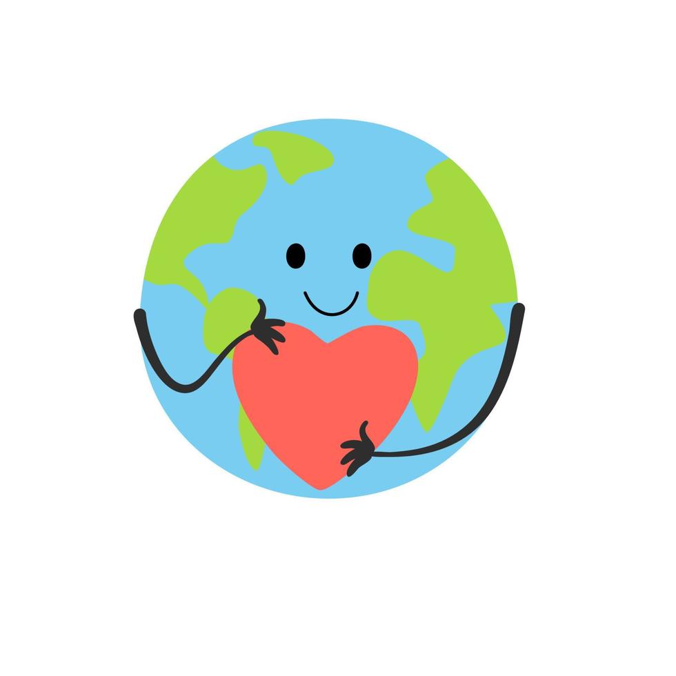 Cute smiling earth planet with heart isolated on white background. Earth day, world environment day concept design. Vector cartoon character illustration.