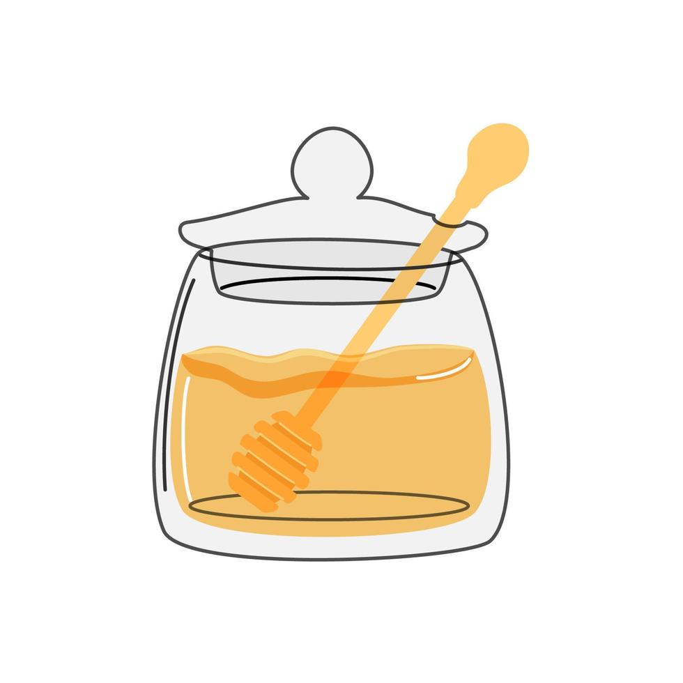 Honey jar and wooden dipper icon on white background. Vector illustration.