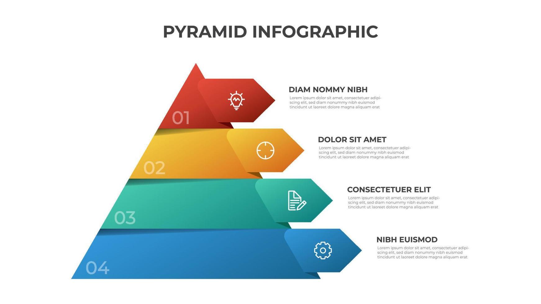 vector de plantilla infográfica piramidal con 4 listas, opciones, diagrama de niveles. elemento de diseño para presentación, pancarta, folleto, etc.