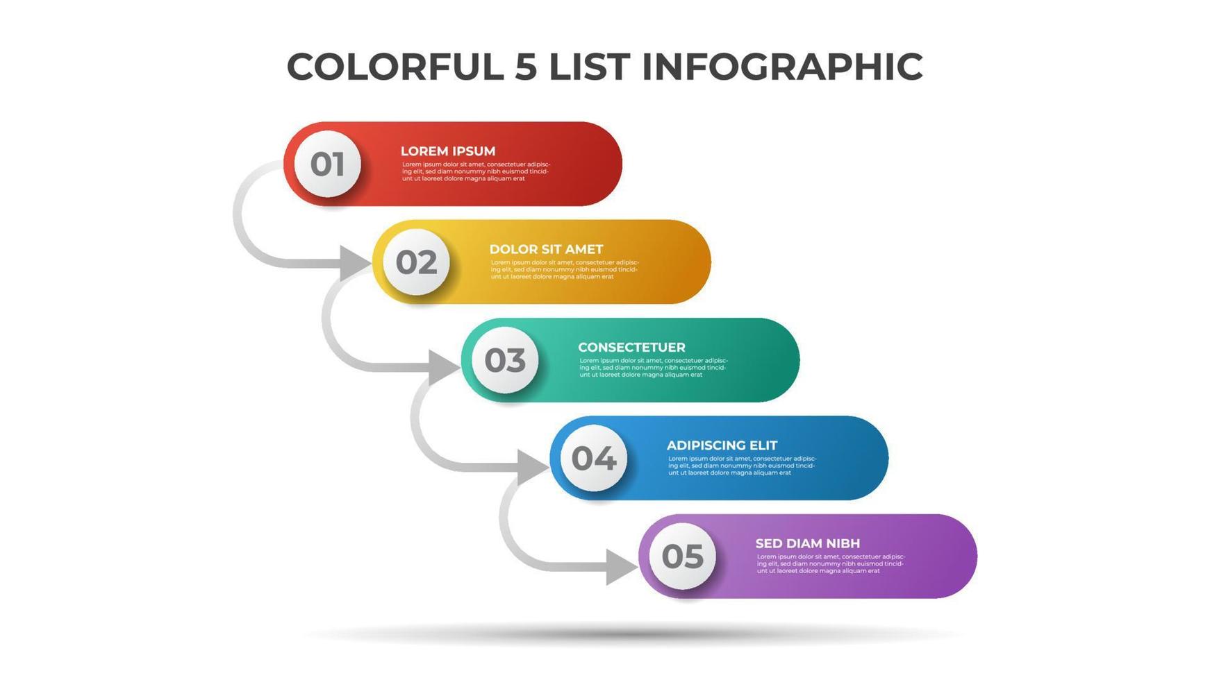 5 puntos de lista o diagrama de pasos con flechas, vector de plantilla de elemento infográfico.