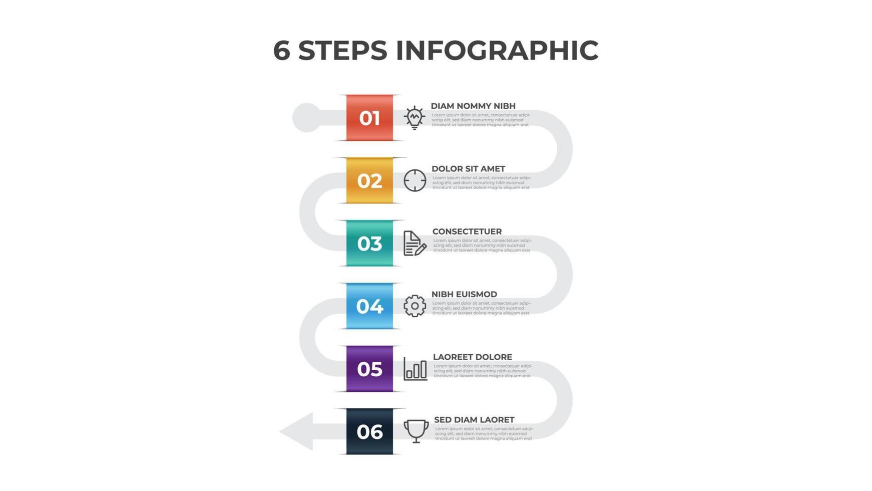 6 puntos de pasos, vector de diseño de diagrama de flujo de lista de flechas, elemento de plantilla de infografía