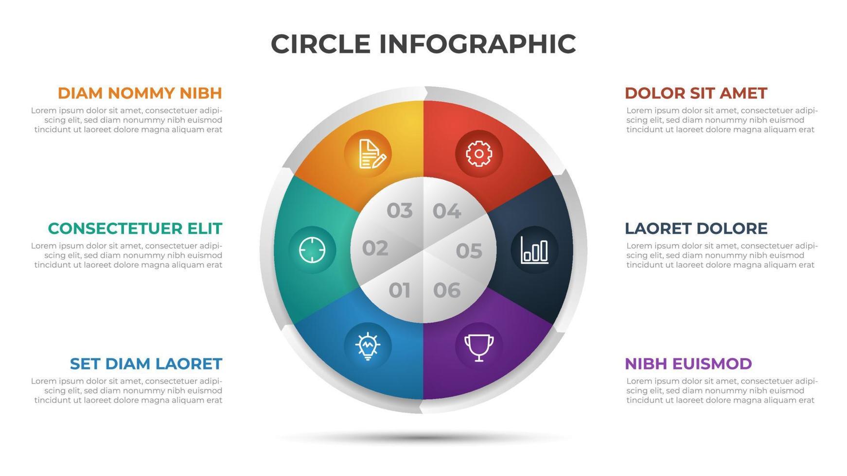6 points infographic template with circle layout vector. vector