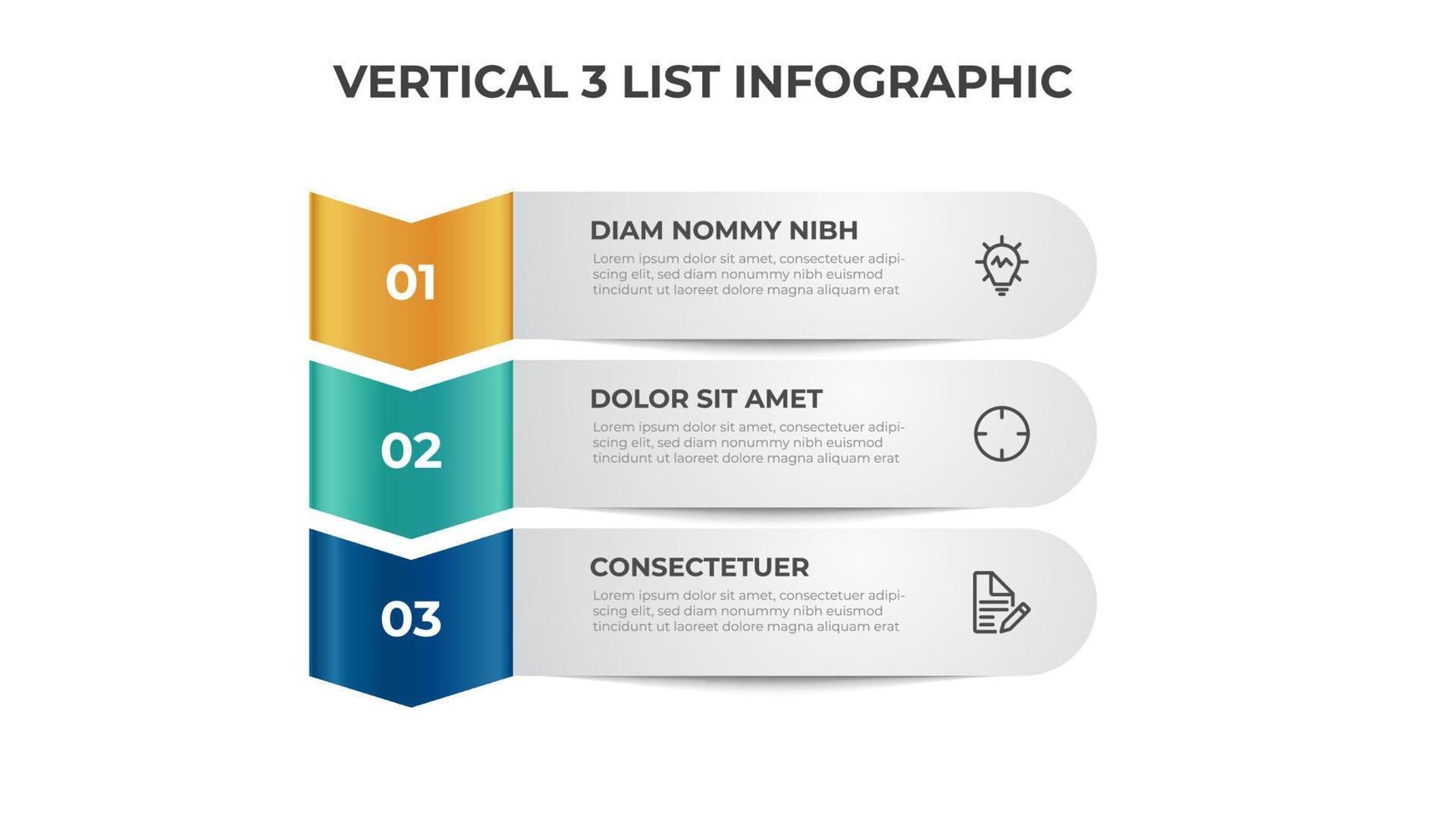 diagrama de lista vertical con 3 puntos de pasos, vector de diseño de plantilla de elemento infográfico