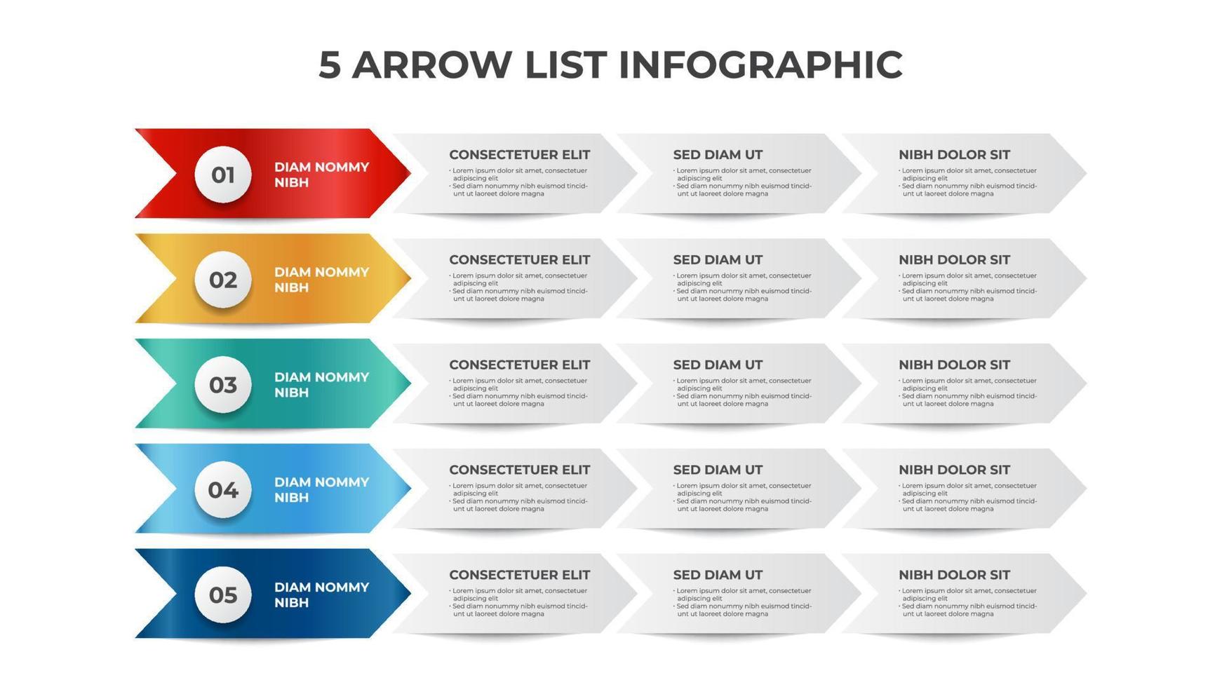 5 points of process arrow, list diagram for presentation, infographic element template vector