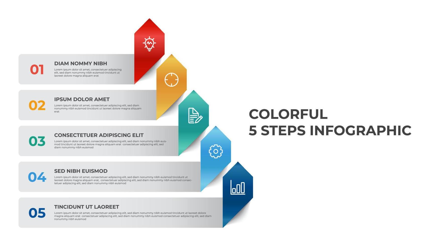 5 puntos de diagrama de lista, pasos de pirámide con diseño de flecha, vector de plantilla de elemento infográfico