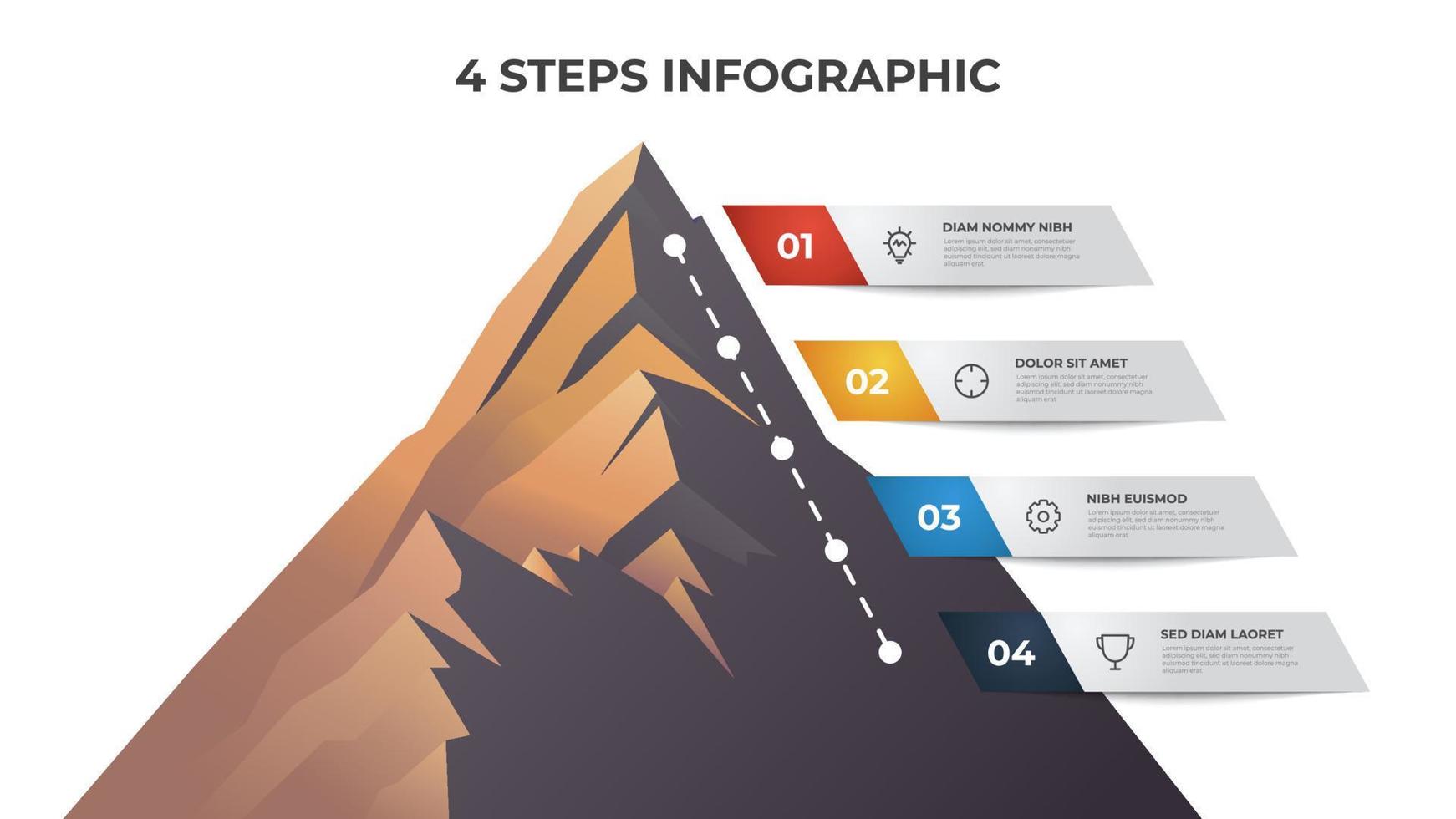 plantilla de elemento infográfico con 4 pasos, lista, viñeta, opciones, diagrama de línea de tiempo con vector de montaña