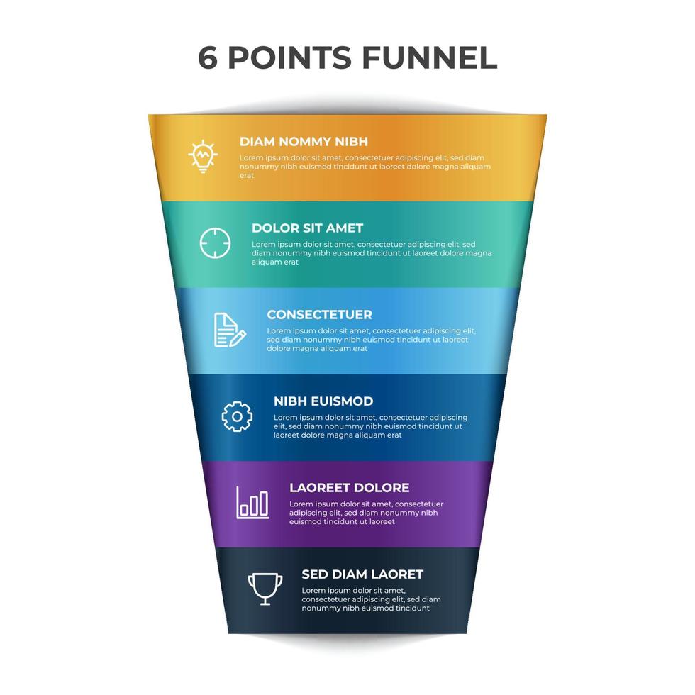 funnel chart infographic element vector with 6 points, options, list, can be used for digital marketing, sales, process flow