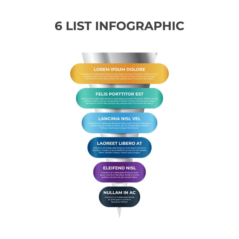 6 puntos, capas, opciones, paso de elemento infográfico de lista con diagrama de gráfico de embudo o pirámide vector