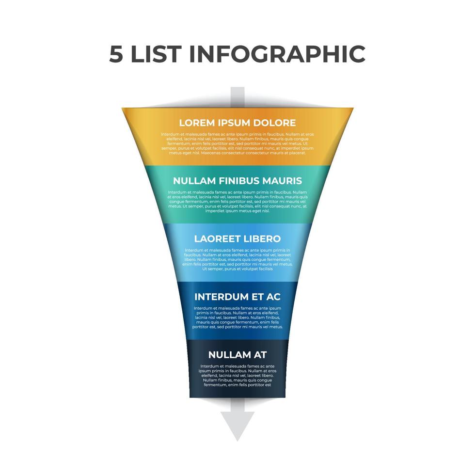 5 puntos, capas, opciones, paso del elemento infográfico de lista con diagrama de gráfico de embudo vector