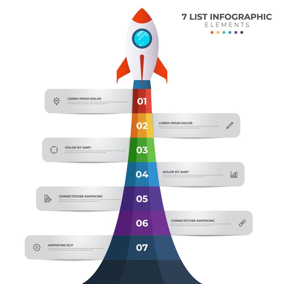 diagrama de lista con 7 puntos numéricos de paso, secuencia, inicio de lanzamiento de cohete colorido, vector de plantilla de elemento infográfico.