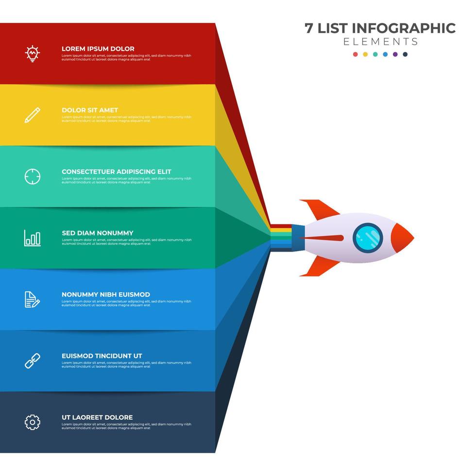 List diagram with 7 points of steps, sequence, colorful rocket launch startup, infographic element template vector. vector