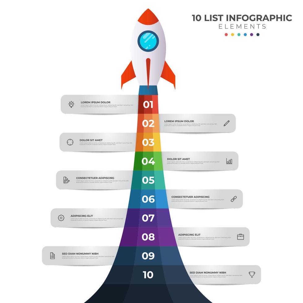 diagrama de lista con 10 puntos numéricos de paso, secuencia, inicio de lanzamiento de cohete colorido, vector de plantilla de elemento infográfico.