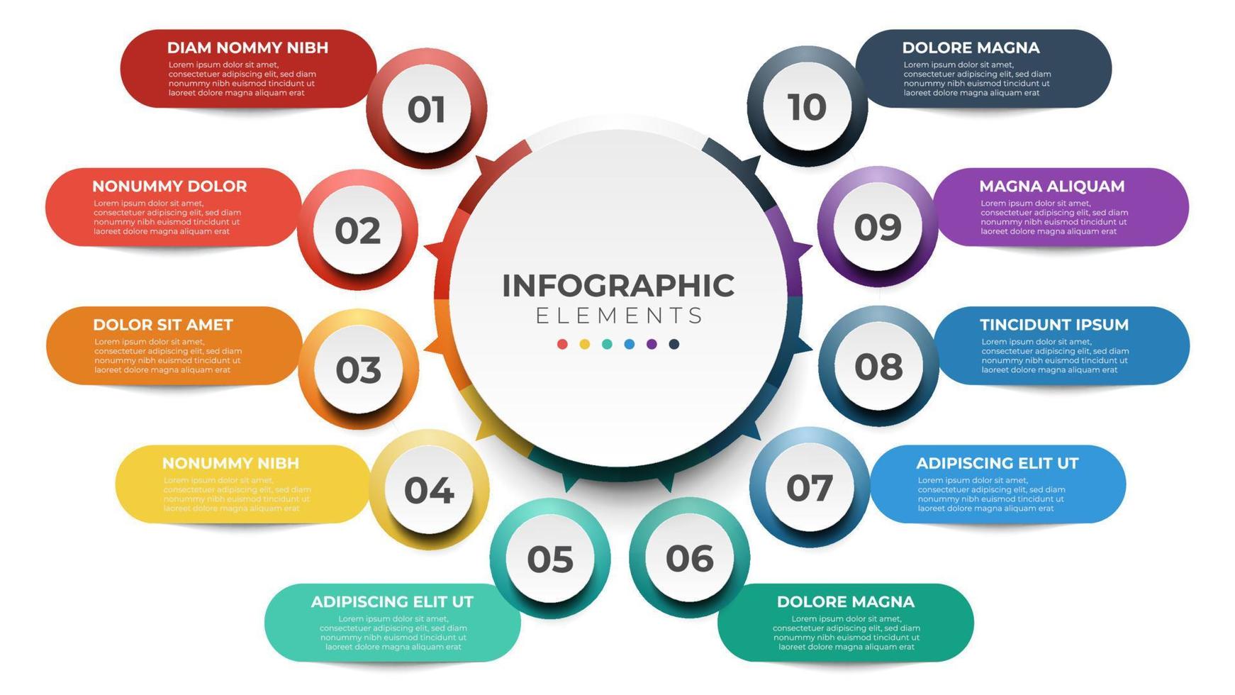 10 lista de pasos, diagrama de diseño con número de secuencia, plantilla de elemento infográfico circular vector