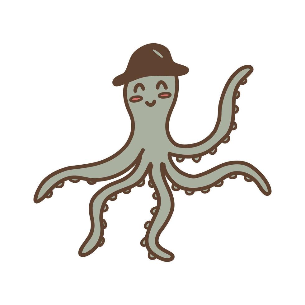 Happy blue octopus in a hat. Vector