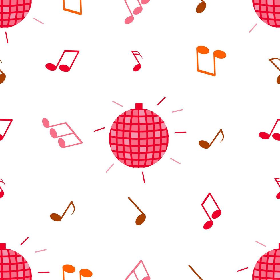 Seamless pattern with disco ball and notes on a white background vector illustration