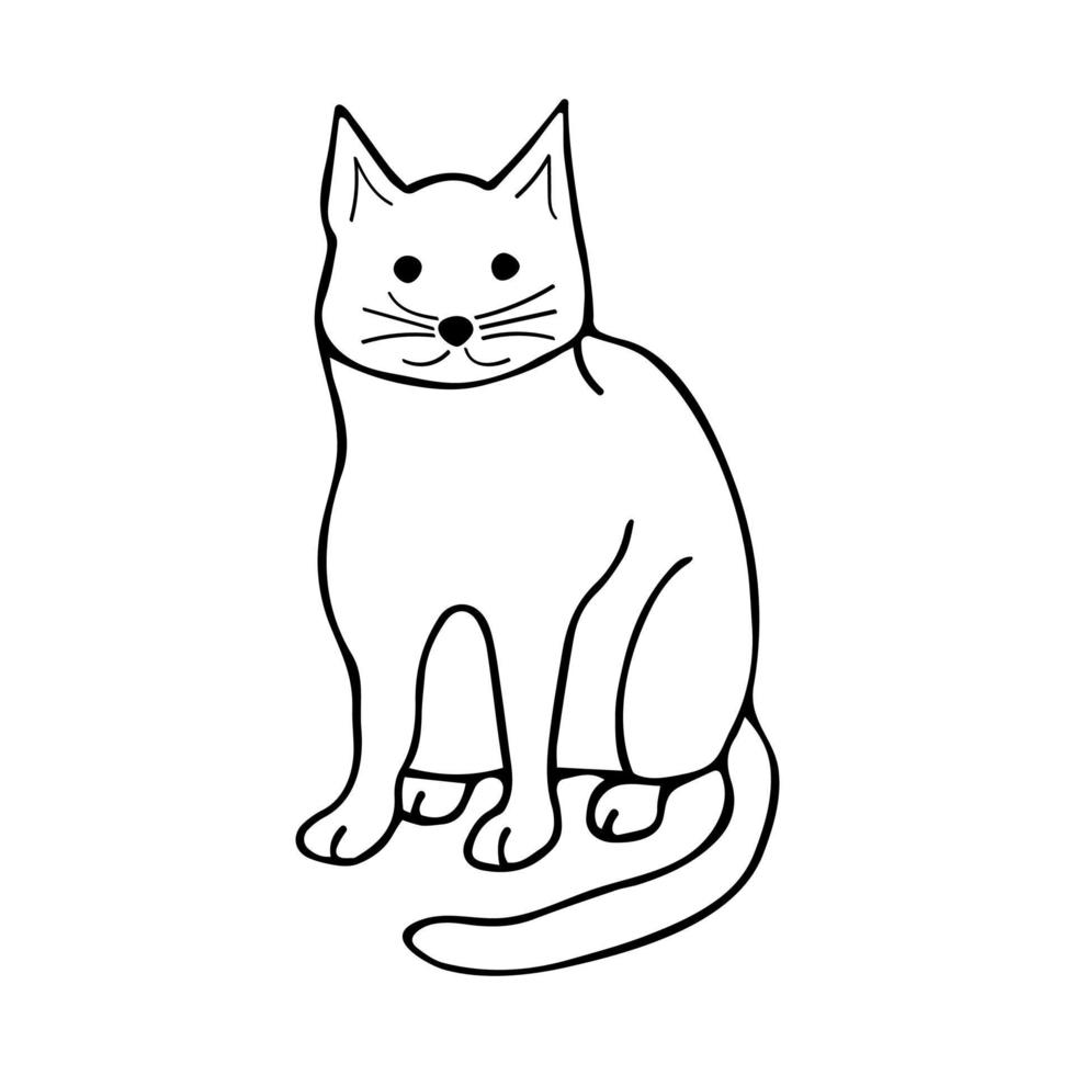 Doodle cat sits and stares, black and white illustration vector
