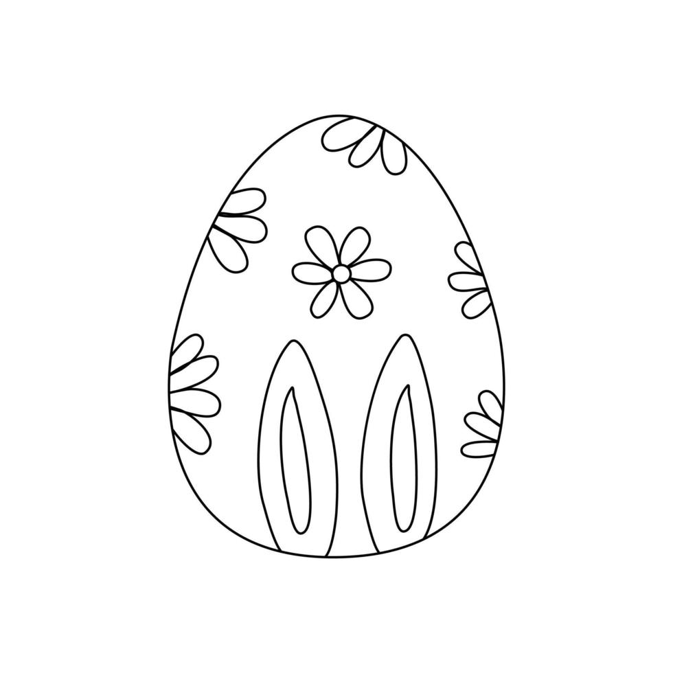 Easter egg decorated with flowers and bunny ears. Vector doodle