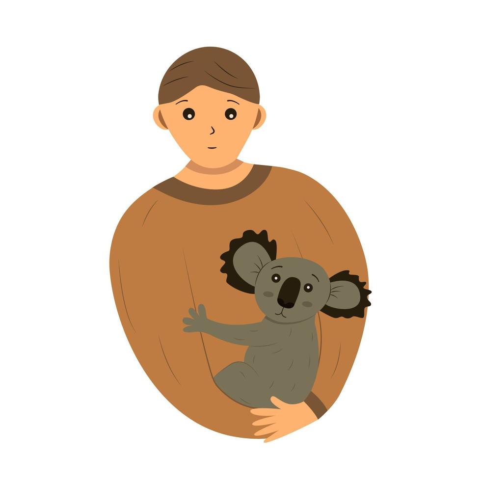 Man holds a small koala in his arms. Rescue animals vector
