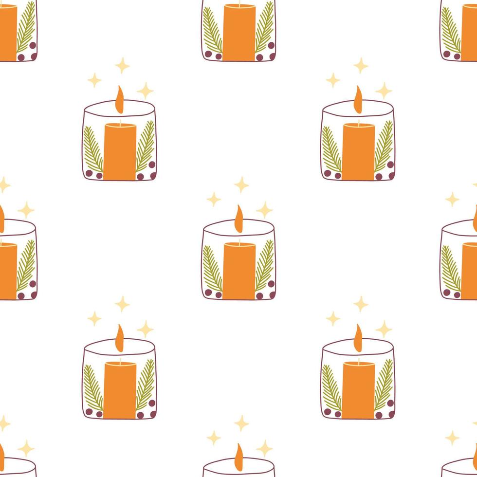 Candle in candlestick with spruce branches. Vector colorful