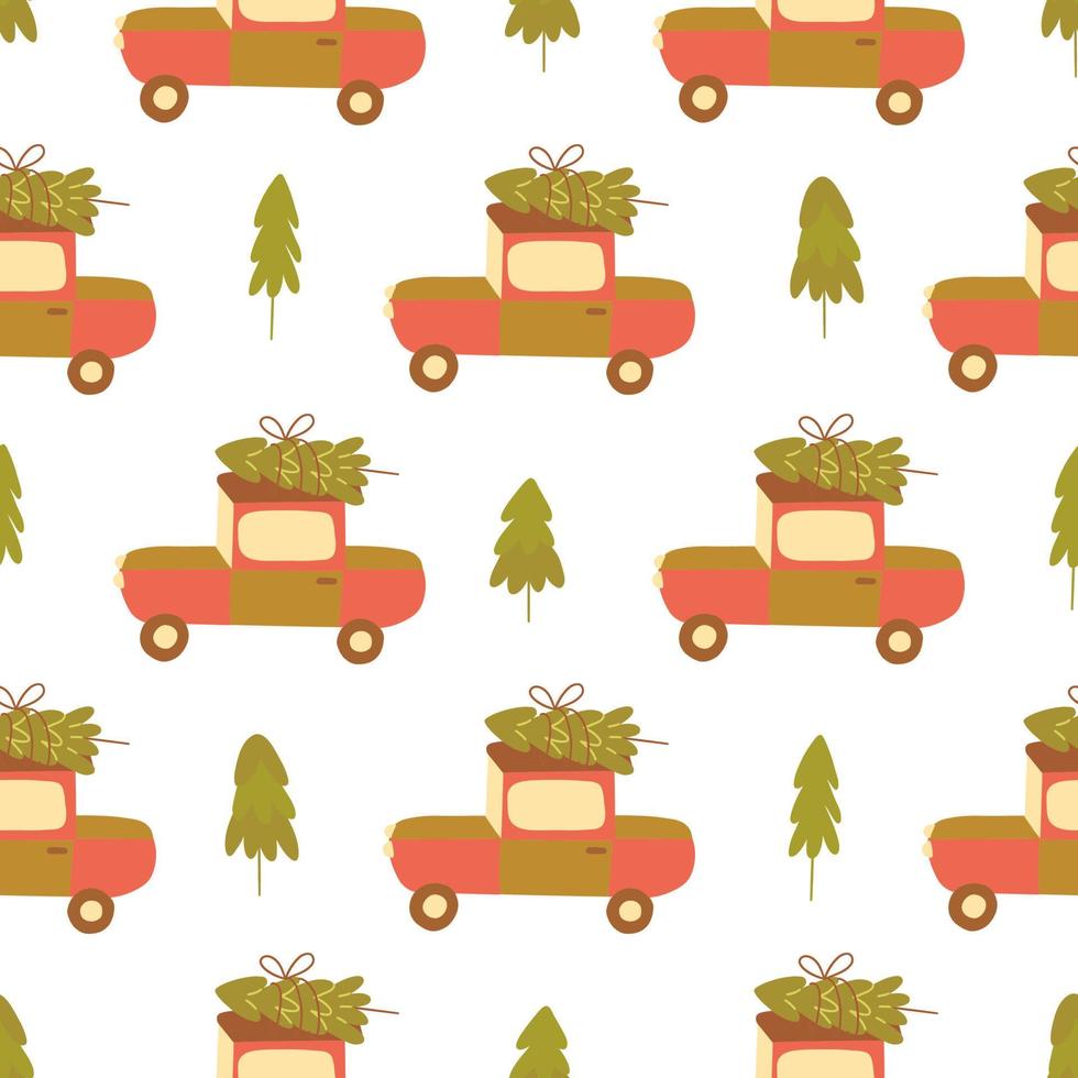 Seamless pattern with car carries Christmas tree. Vector