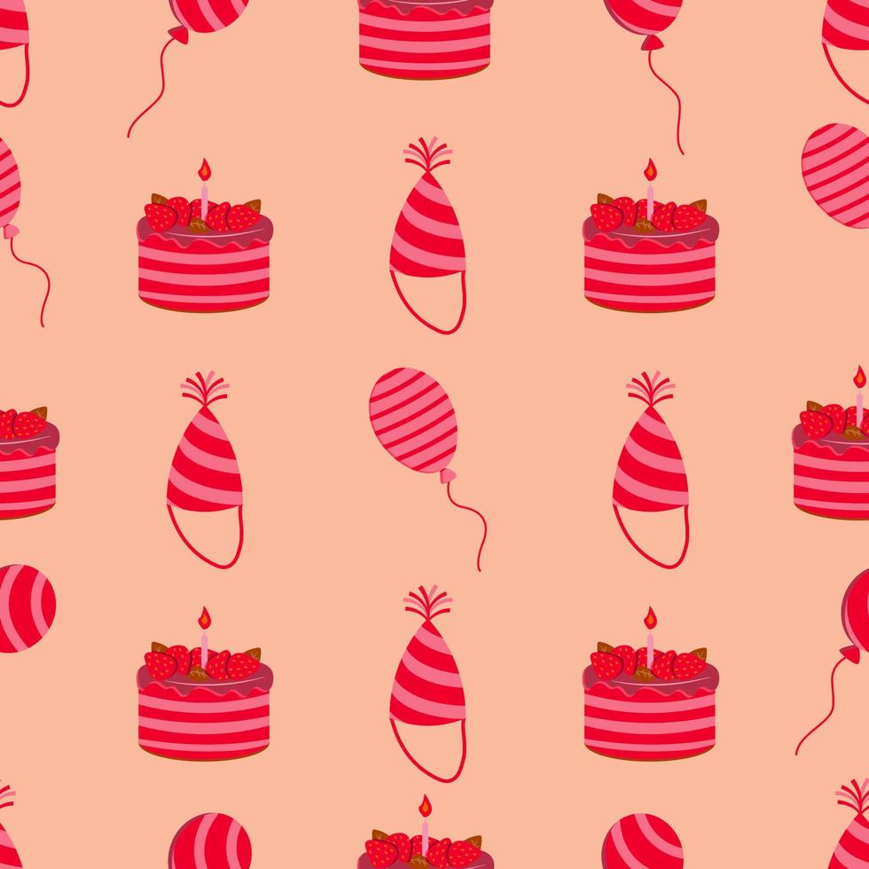 feliz cumpleaños de patrones sin fisuras con sombrero festivo, pasteles y globos. ilustración vectorial vector