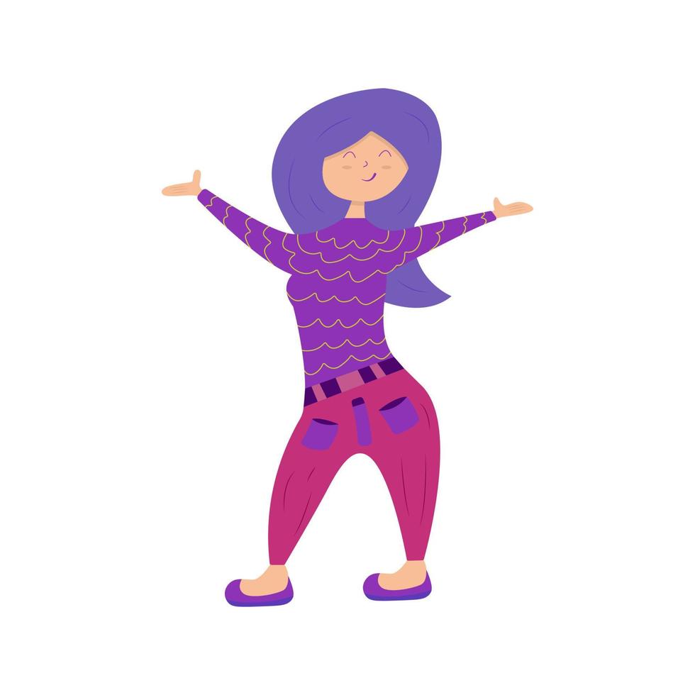 Girl in the lilac sweater smiles joyfully with arms raised vector