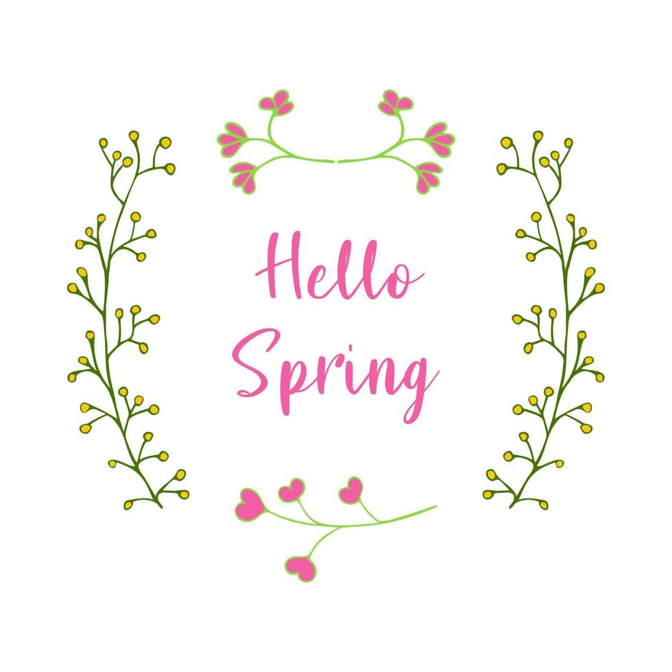 Hello spring inscription in a frame from different branches with leaves and hearts vector