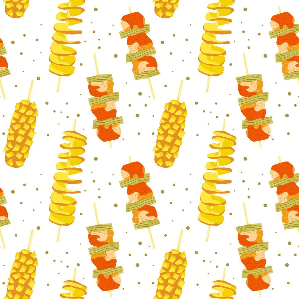 patrón sin costuras de comida callejera coreana. gamja hotdog corndog, brochetas de pollo ddakkochi, tornado Potato hweori gamja. bocadillos asiáticos en palos. ilustración vectorial vector