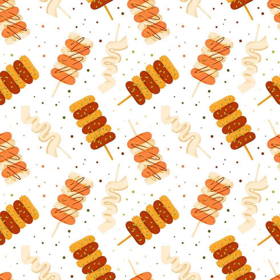 Korean street food seamless pattern. Rice cake skewers sotteok sotteok with sausages and rice. Asian snacks on sticks. Cute doodle background. Vector illustration.