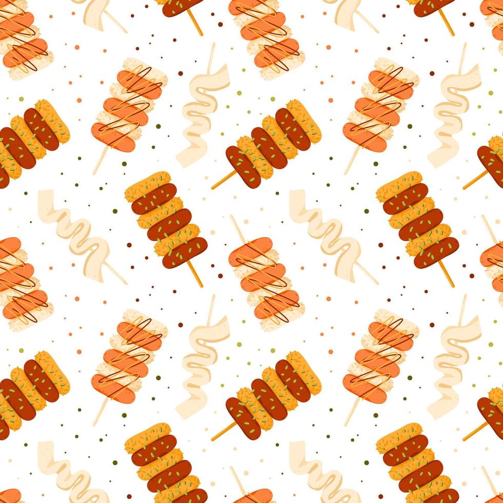 patrón sin costuras de comida callejera coreana. brochetas de pastel de arroz sotteok sotteok con salchichas y arroz. bocadillos asiáticos en palos. lindo fondo de garabato. ilustración vectorial vector