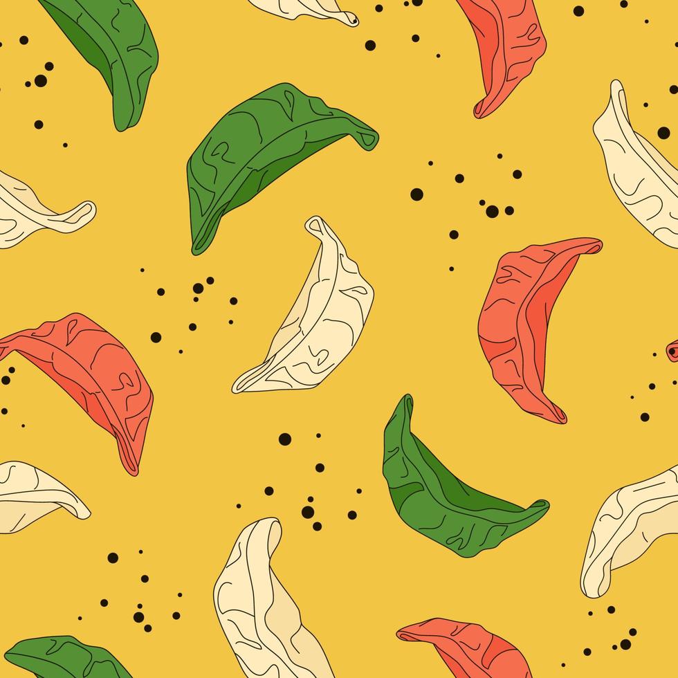Colorful gyoza with soy sauce splashes seamless pattern. Fried asian dumplings. . Traditional japanese and chinese fast food background. Vector illustration.