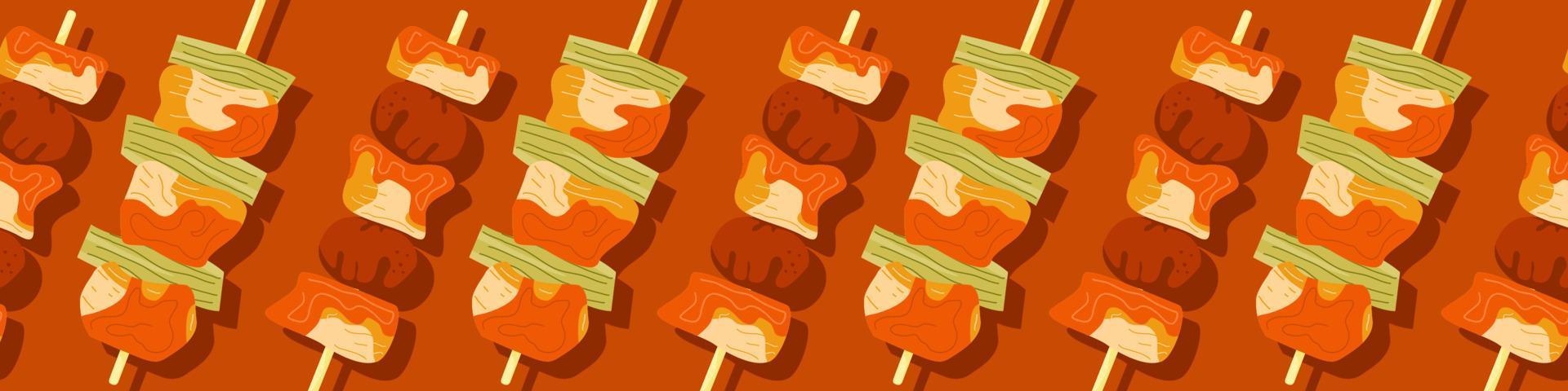 Korean street food banner. Horizontal seamless pattern from chicken skewers ddakkochi snack on stick. Cute colorful asian take away fast food dishes border. Vector illustration.