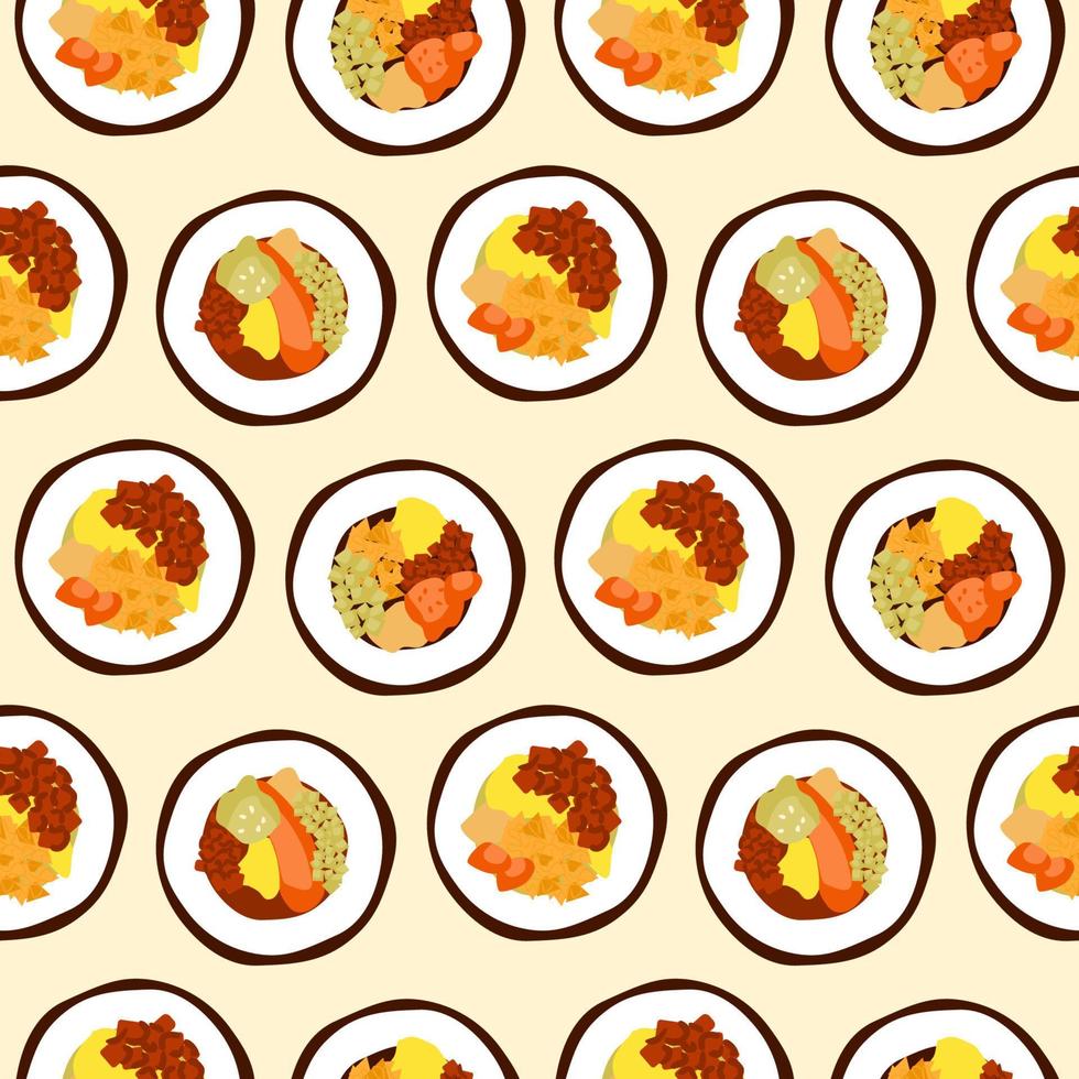 Korean street food seamless pattern. Gimbap rice rolls with different fillings. Asian traditional snacks. Cute doodle background. Vector illustration.