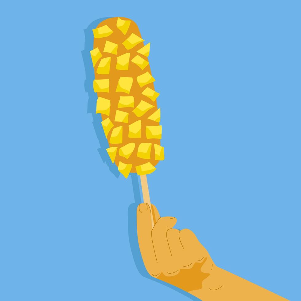 mano humana sostenga gamja hotdog sobre fondo azul palo. comida callejera coreana papas fritas corndog. salchicha papas fritas patata en palo. bocadillo de comida asiática. para la promoción del menú de banner. ilustración vectorial vector