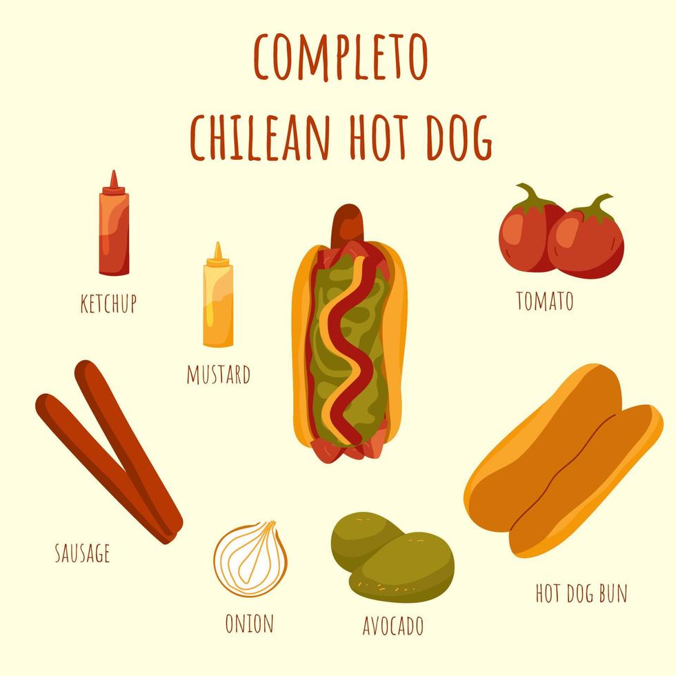 Chilean style hot dog completo ingredients. Popular latin american street food hot dog bun filled with sausage, tomato, avocado paste and onion. Cute doodle flat card. Vector illustration.